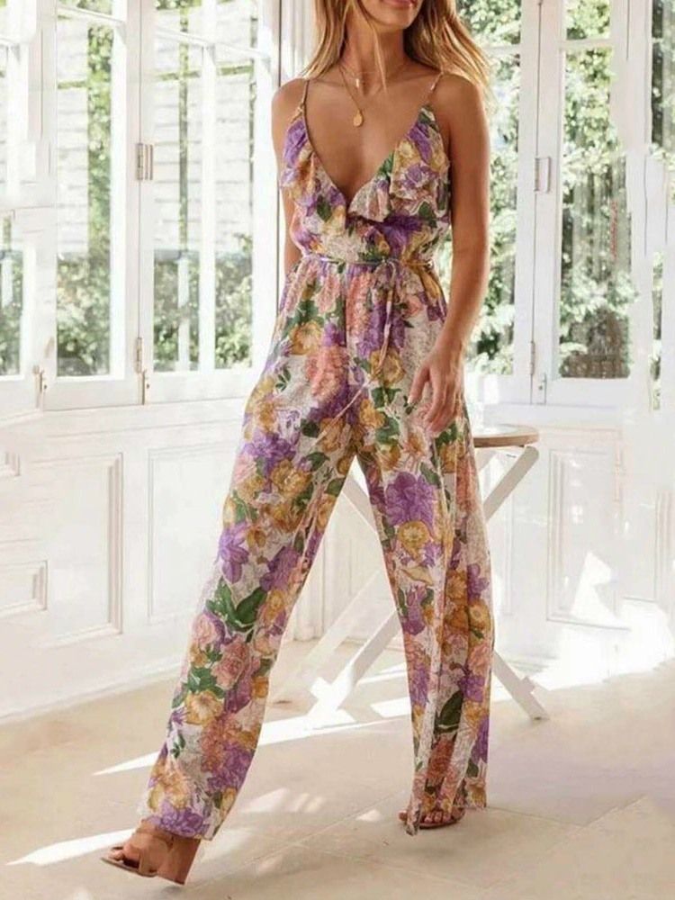 Office Lady Print Full Length Wide Leg Slim Slim Jumpsuit For Kvinner