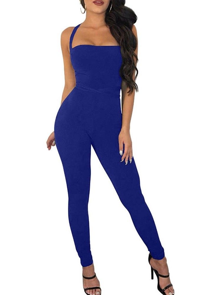 Plain Backless Full Length Skinny Pencil Pants Dame Jumpsuit