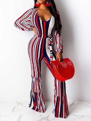 Skriv Ut Full Lengde Stripe Løs Bellbottoms Jumpsuit For Kvinner