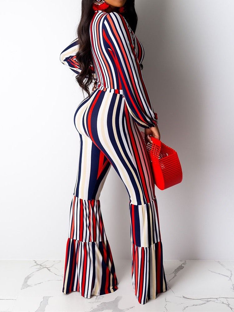 Skriv Ut Full Lengde Stripe Løs Bellbottoms Jumpsuit For Kvinner