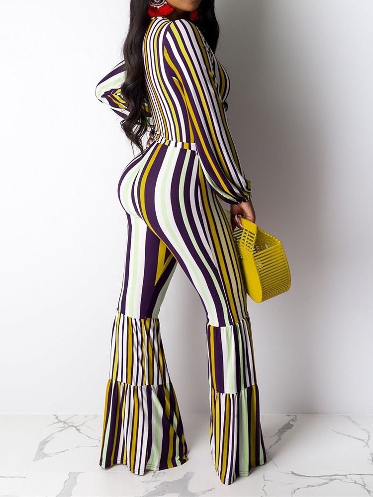 Skriv Ut Full Lengde Stripe Løs Bellbottoms Jumpsuit For Kvinner