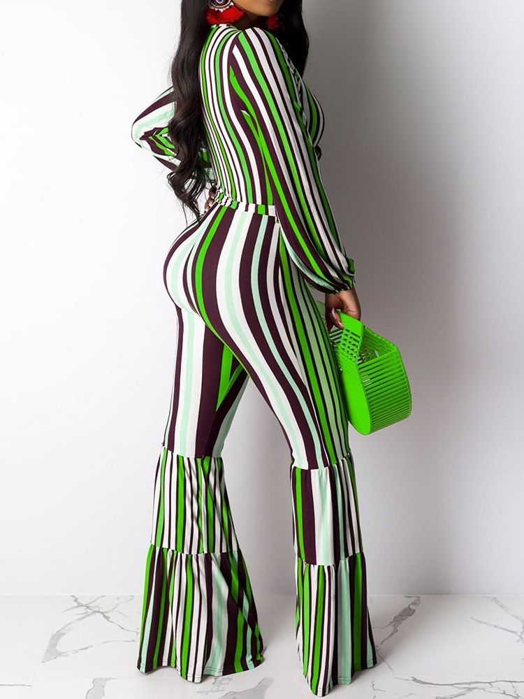 Skriv Ut Full Lengde Stripe Løs Bellbottoms Jumpsuit For Kvinner