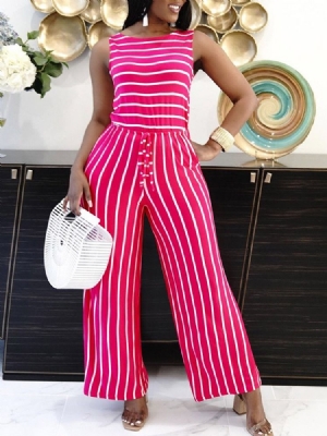 Stripe Office Lady Full Lengde Mid Waist Slim Jumpsuit For Kvinner