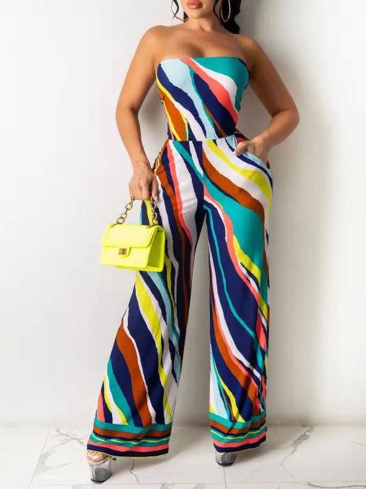 Stripe Office Lady Full Length Slim Straight Dame Jumpsuit