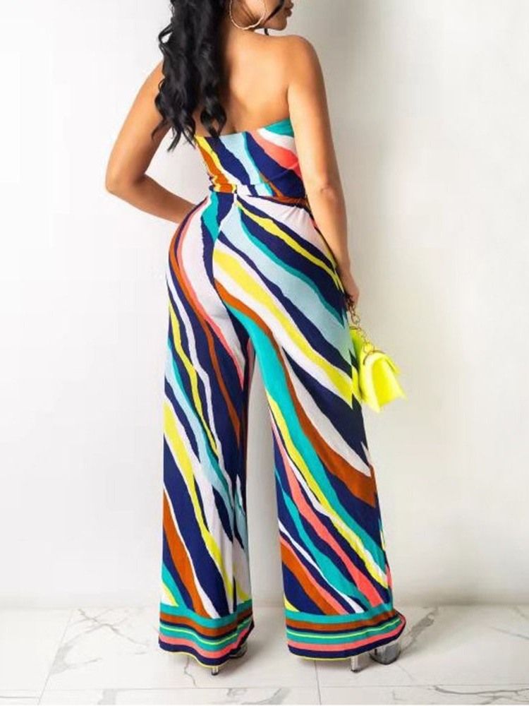 Stripe Office Lady Full Length Slim Straight Dame Jumpsuit