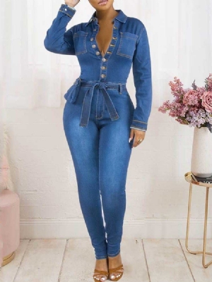 Vanlig Full Lengde Knapp Slim Pencil Pants Jumpsuit For Kvinner