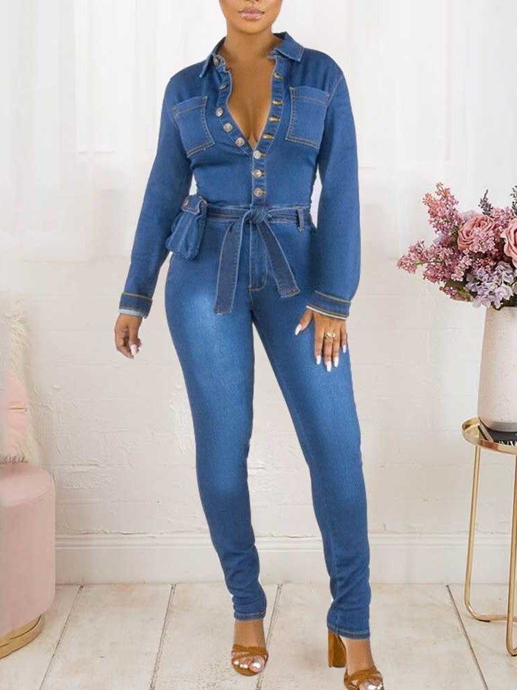 Vanlig Full Lengde Knapp Slim Pencil Pants Jumpsuit For Kvinner