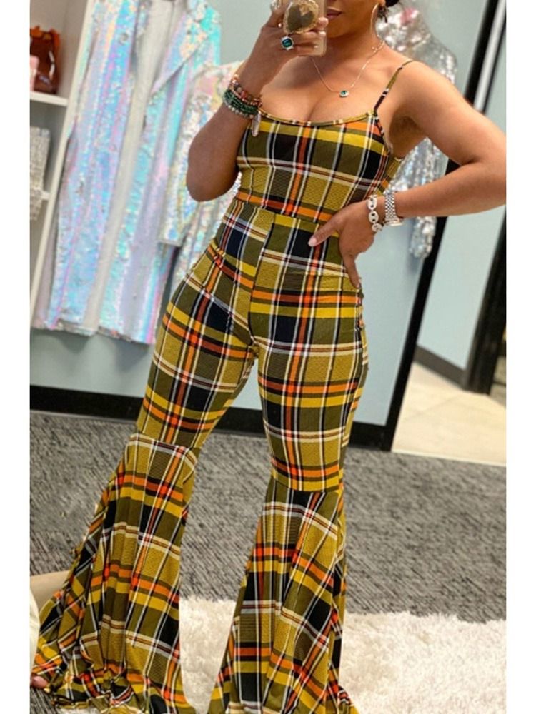 Western Patchwork Plaid High Waist Bellbottoms Jumpsuit For Kvinner