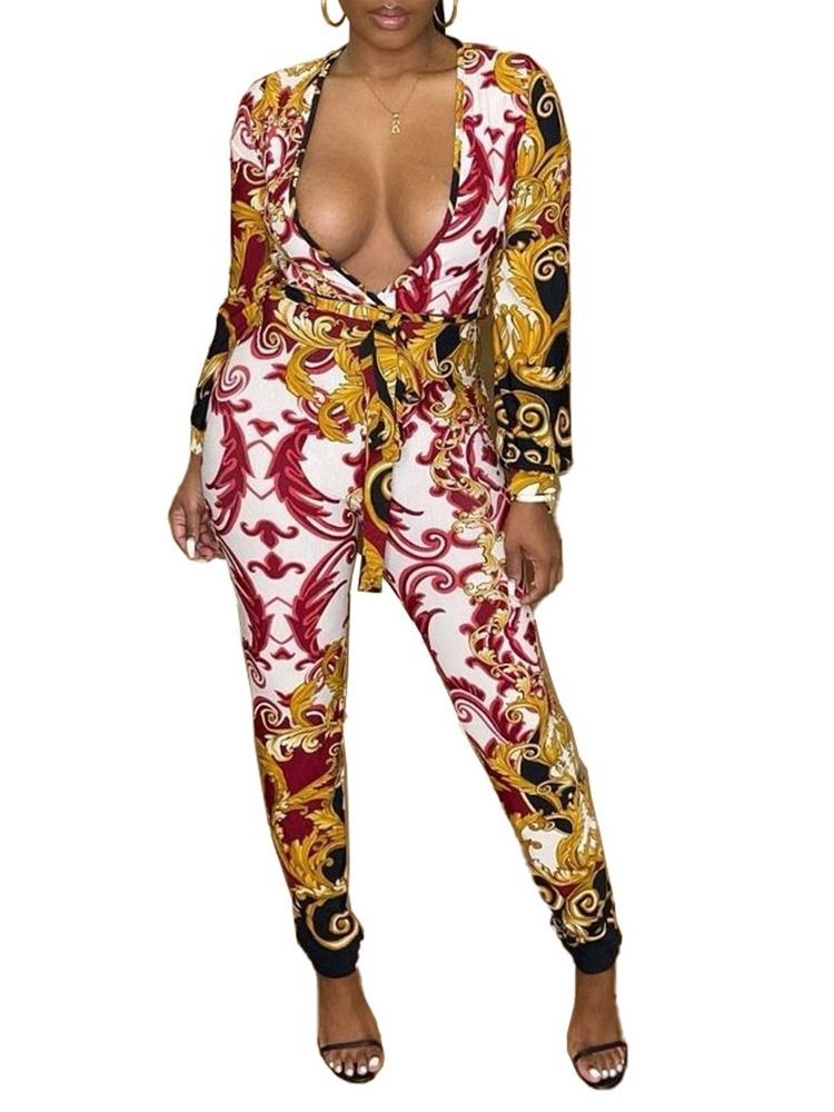 Western Print Full Length Mid Waist Skinny Jumpsuit For Kvinner