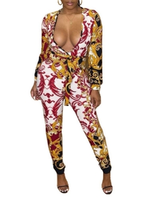 Western Print Full Length Mid Waist Skinny Jumpsuit For Kvinner