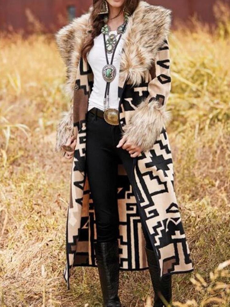 Faux Fur Fur Collar Fashion Long Patchwork Casual Trench Coat