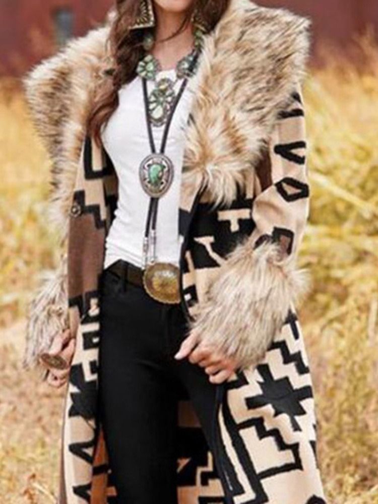 Faux Fur Fur Collar Fashion Long Patchwork Casual Trench Coat