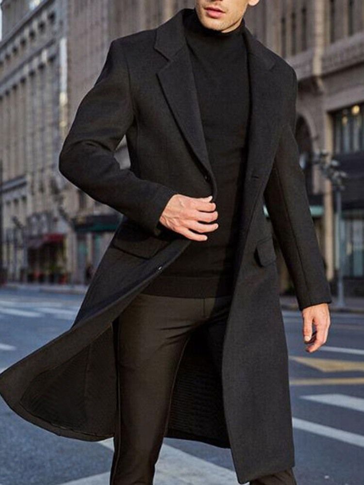 Herre Mid-length Notched Lapel Plain Winter England Coat