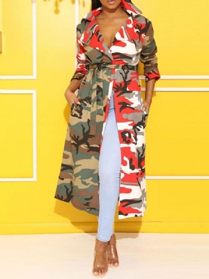 Kvinner Print Notched Lapel Long Normal Nine Points Sleeve Trench Coat