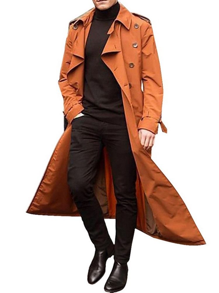 Lapel Long Button Plain European Trench Coat For Menn