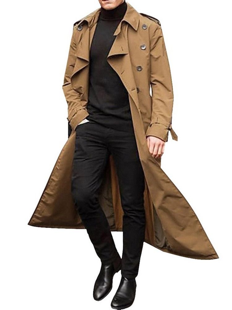 Lapel Long Button Plain European Trench Coat For Menn