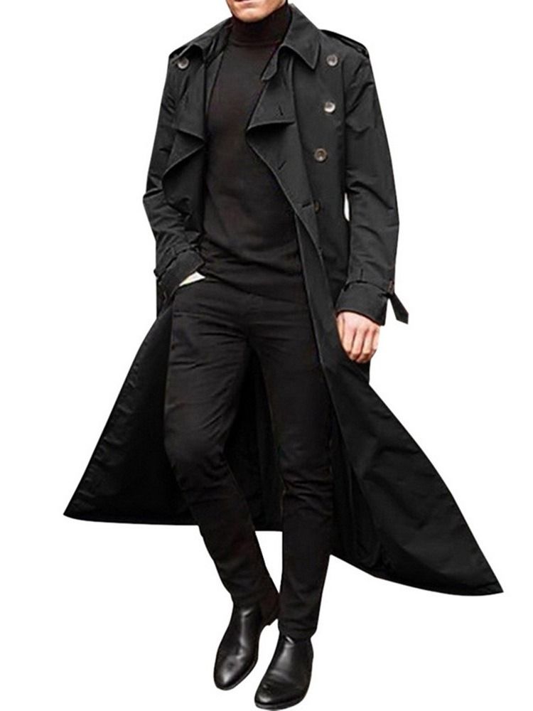 Lapel Long Button Plain European Trench Coat For Menn