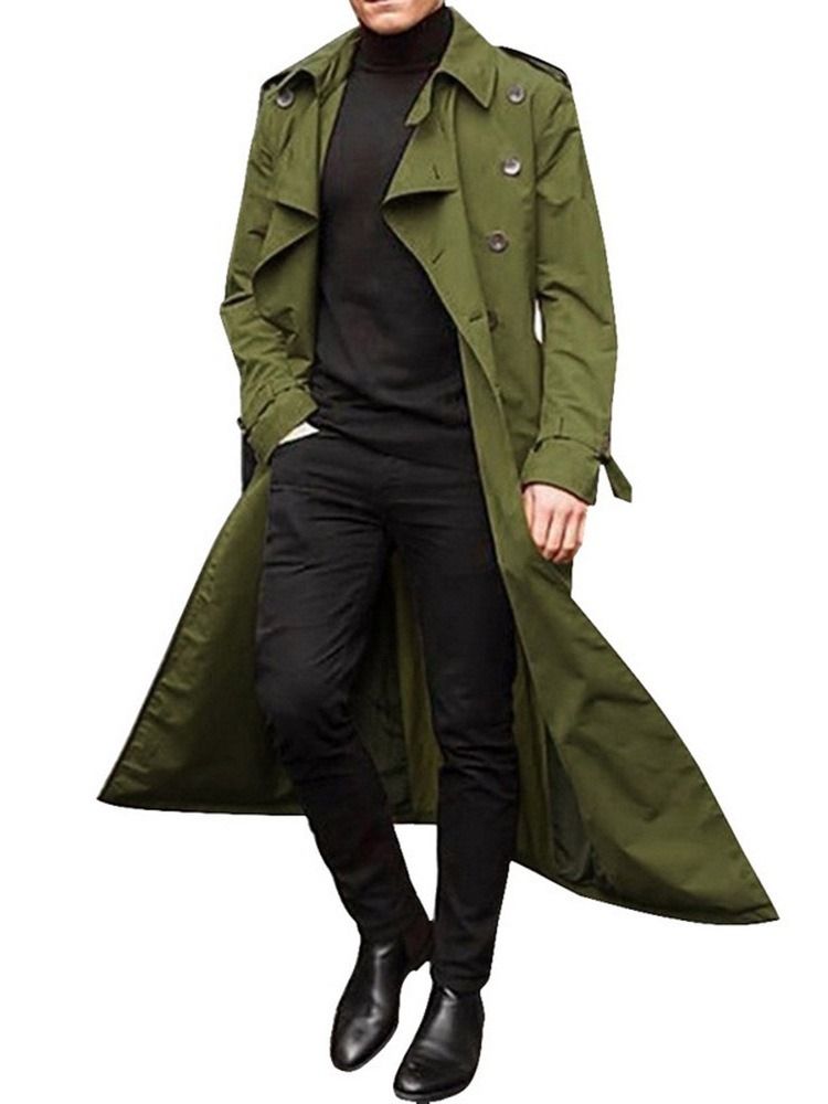 Lapel Long Button Plain European Trench Coat For Menn