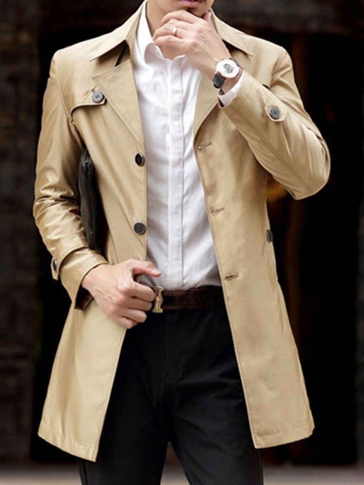 Mellomlengde Button Lapel Casual Trenchcoat For Menn