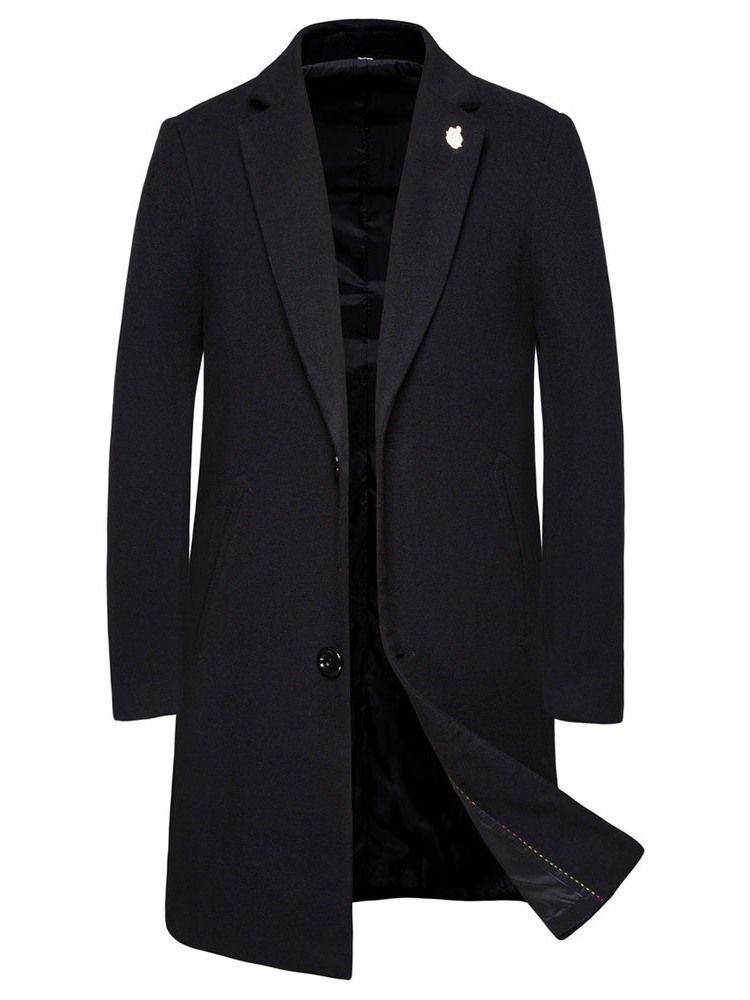 Notched Lapel Mid-length Plain Herre Winter Coat