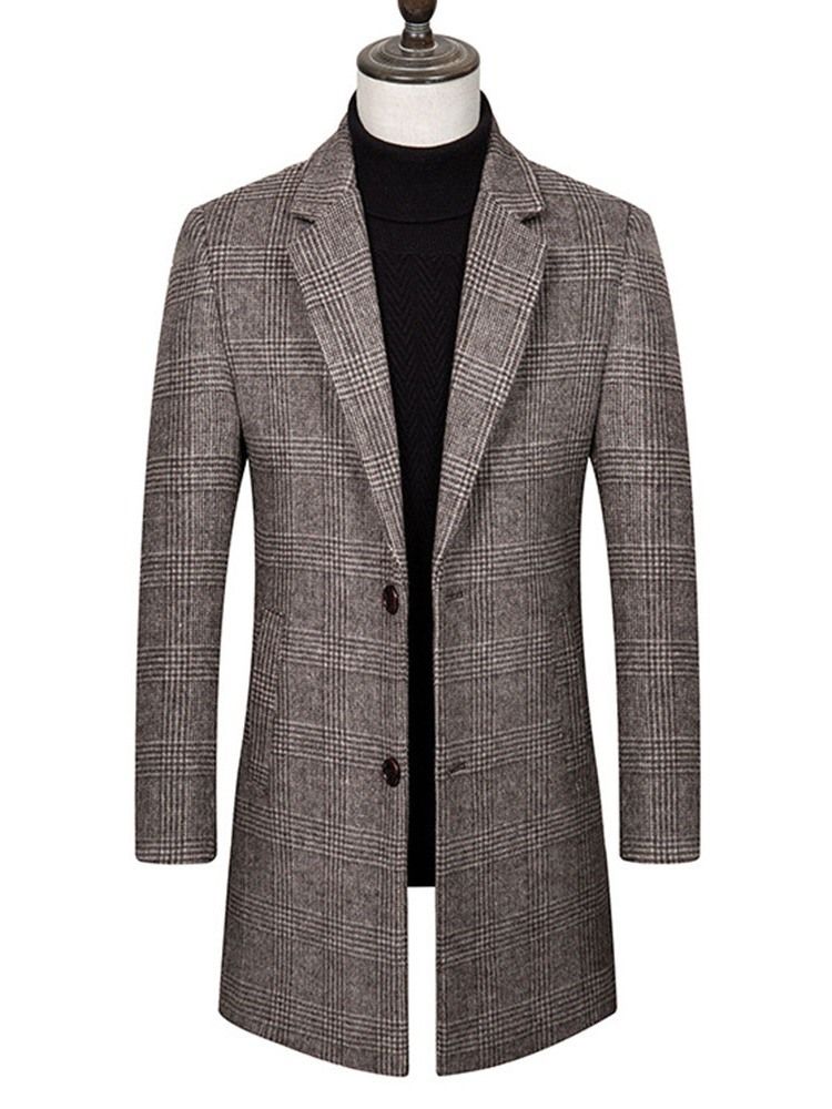 Notched Lapel Plaid Mid-length Korean Herre Coat