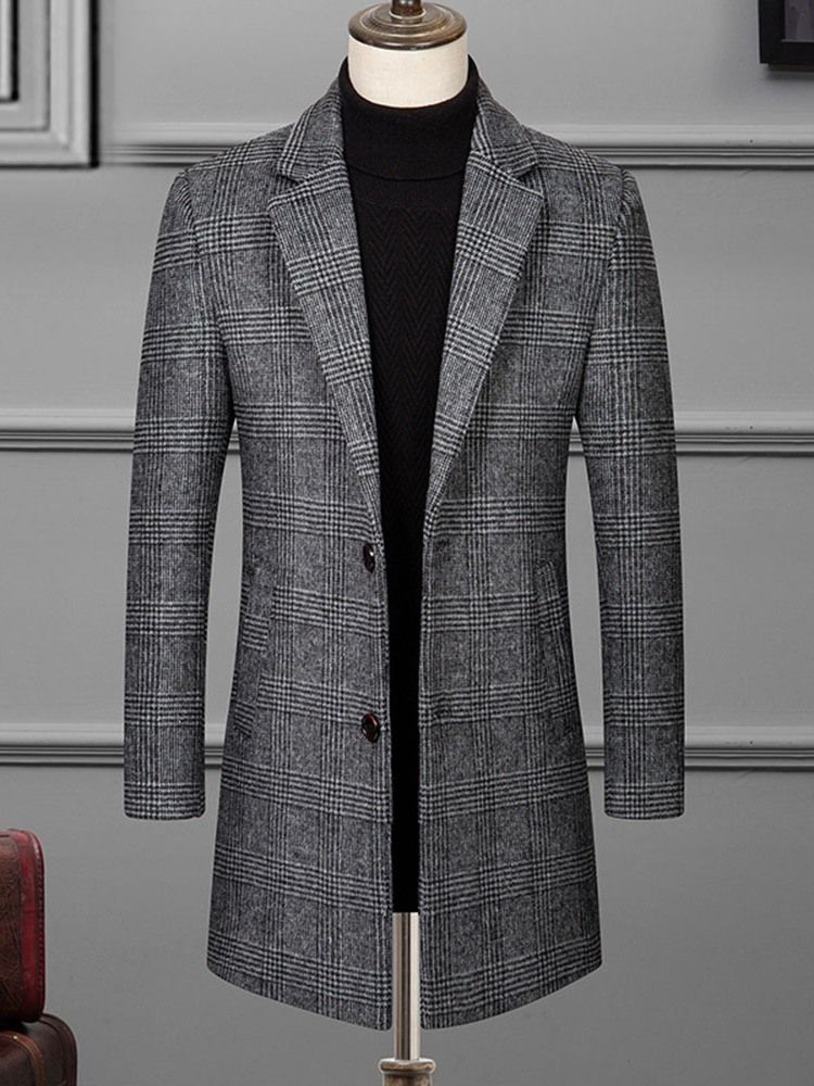 Notched Lapel Plaid Mid-length Korean Herre Coat