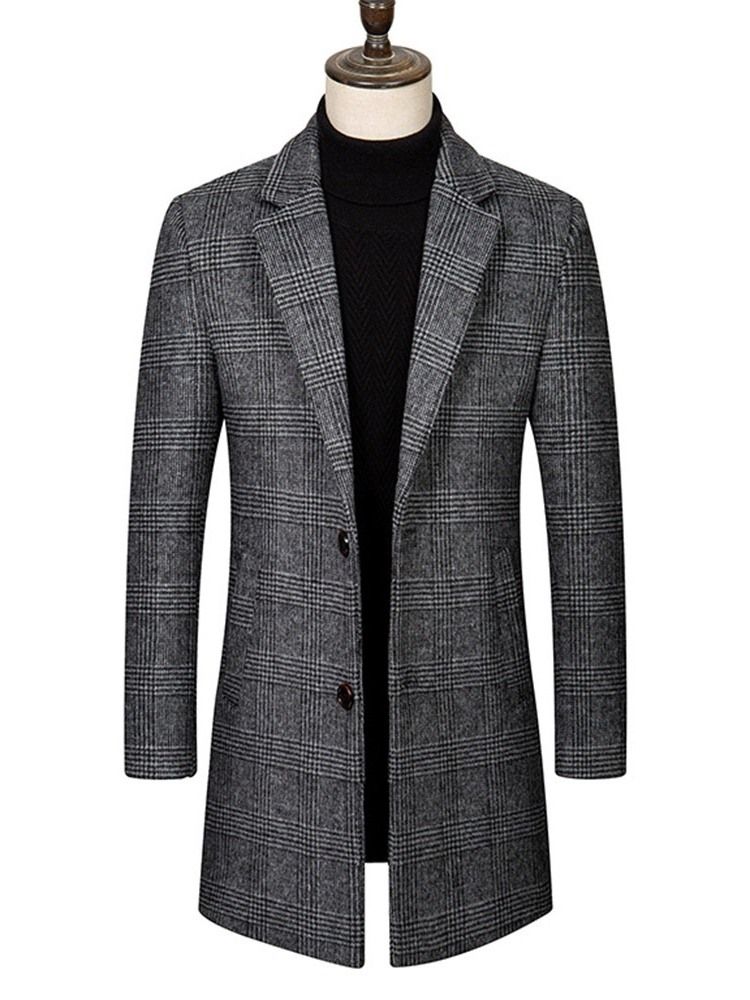 Notched Lapel Plaid Mid-length Korean Herre Coat