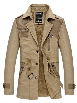 Notched Lapel Solid Color Patchwork Herre Trench Coat