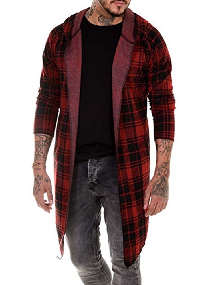 Plaid Mid-length Single Wrapped Trench Coat For Menn