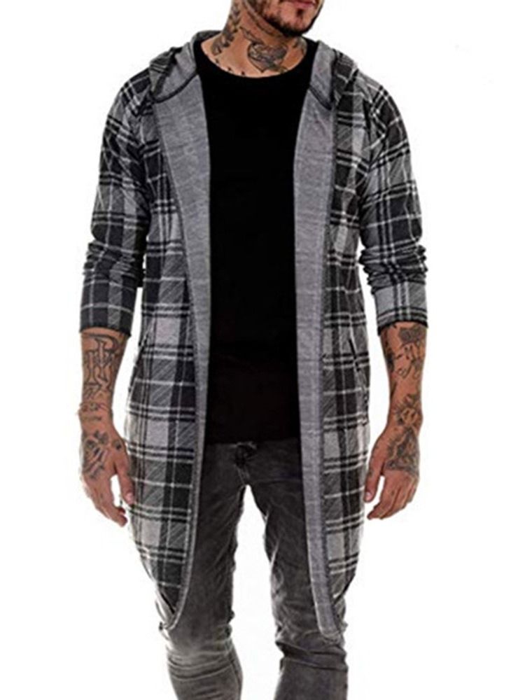 Plaid Mid-length Single Wrapped Trench Coat For Menn