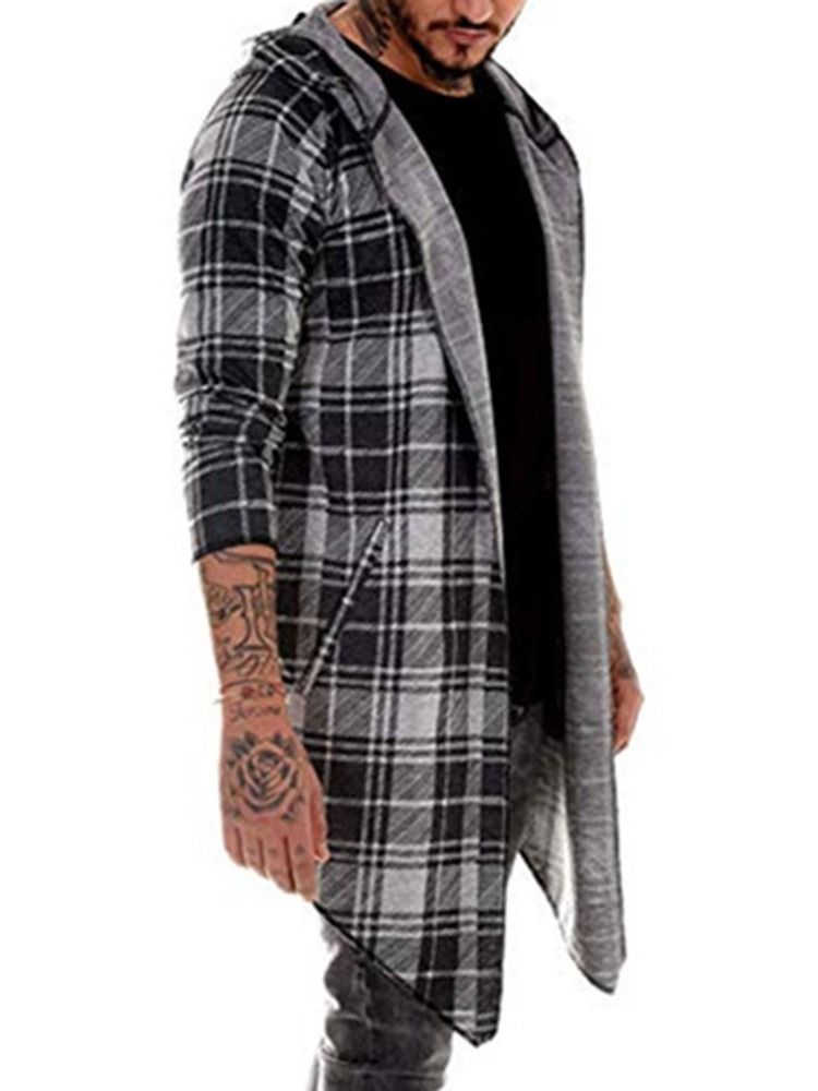 Plaid Mid-length Single Wrapped Trench Coat For Menn