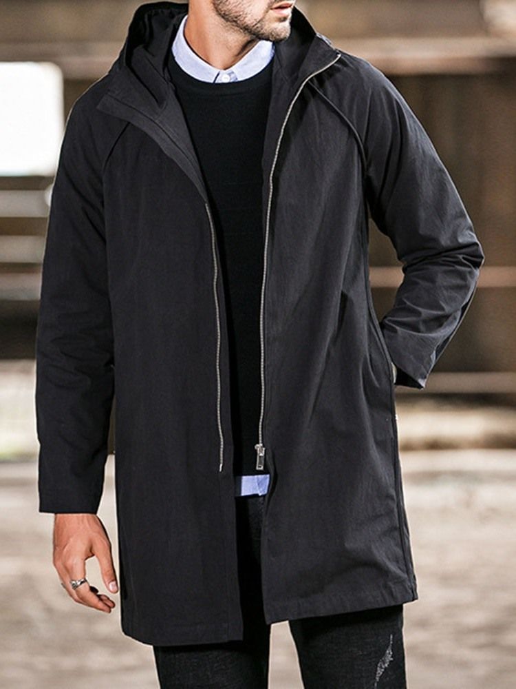 Plain Hooded Mid-length Casual Straight Men Trench Coat