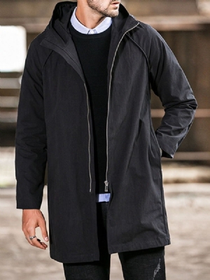 Plain Hooded Mid-length Casual Straight Men Trench Coat