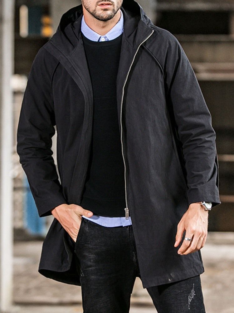 Plain Hooded Mid-length Casual Straight Men Trench Coat