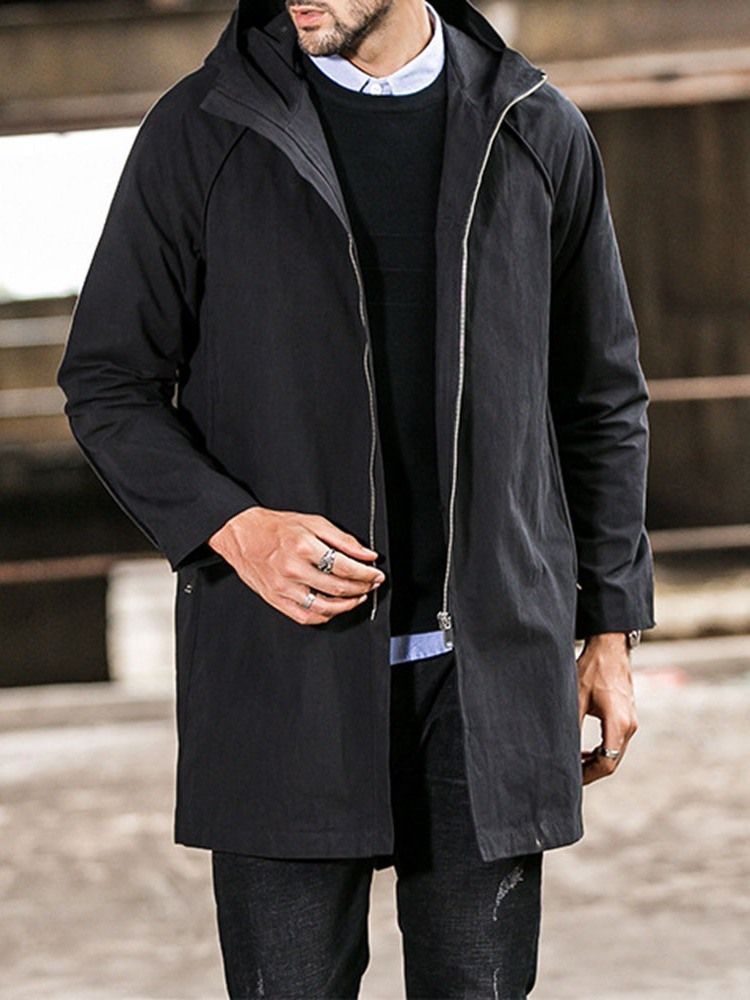 Plain Hooded Mid-length Casual Straight Men Trench Coat