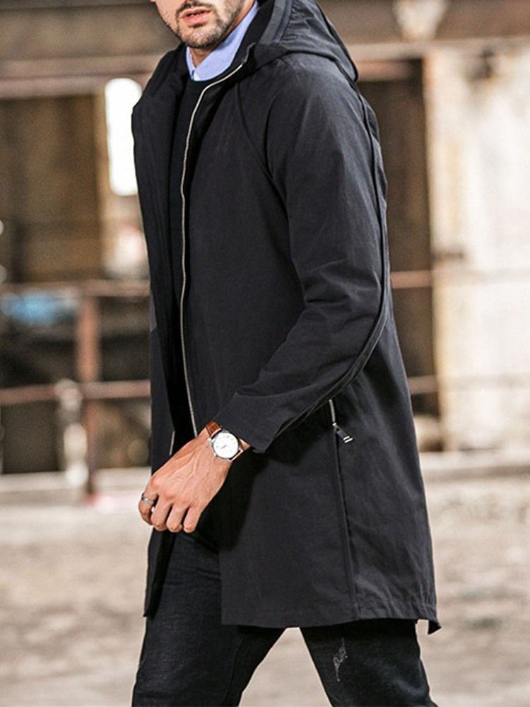 Plain Hooded Mid-length Casual Straight Men Trench Coat