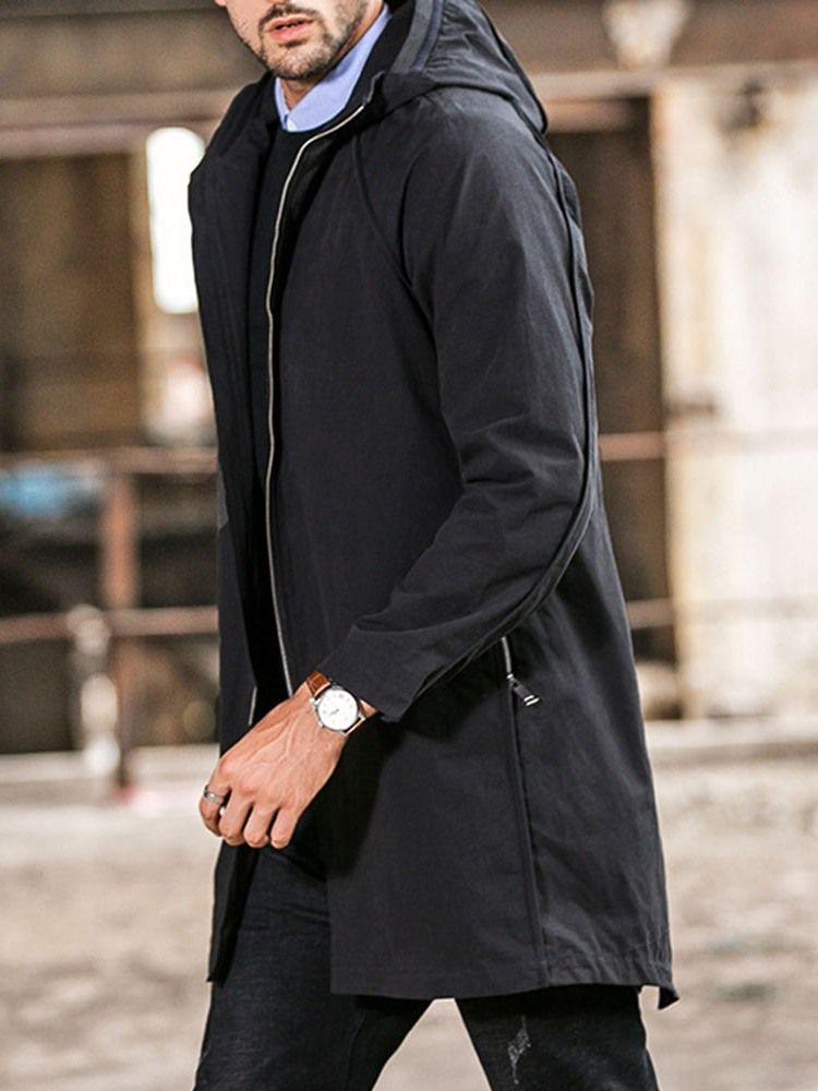 Plain Hooded Mid-length Casual Straight Men Trench Coat