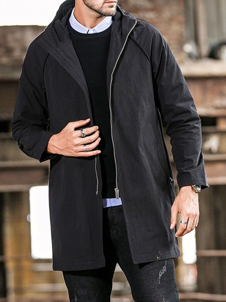 Plain Hooded Mid-length Casual Straight Men Trench Coat