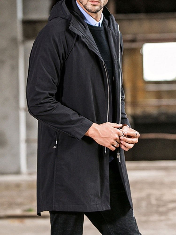 Plain Hooded Mid-length Casual Straight Men Trench Coat