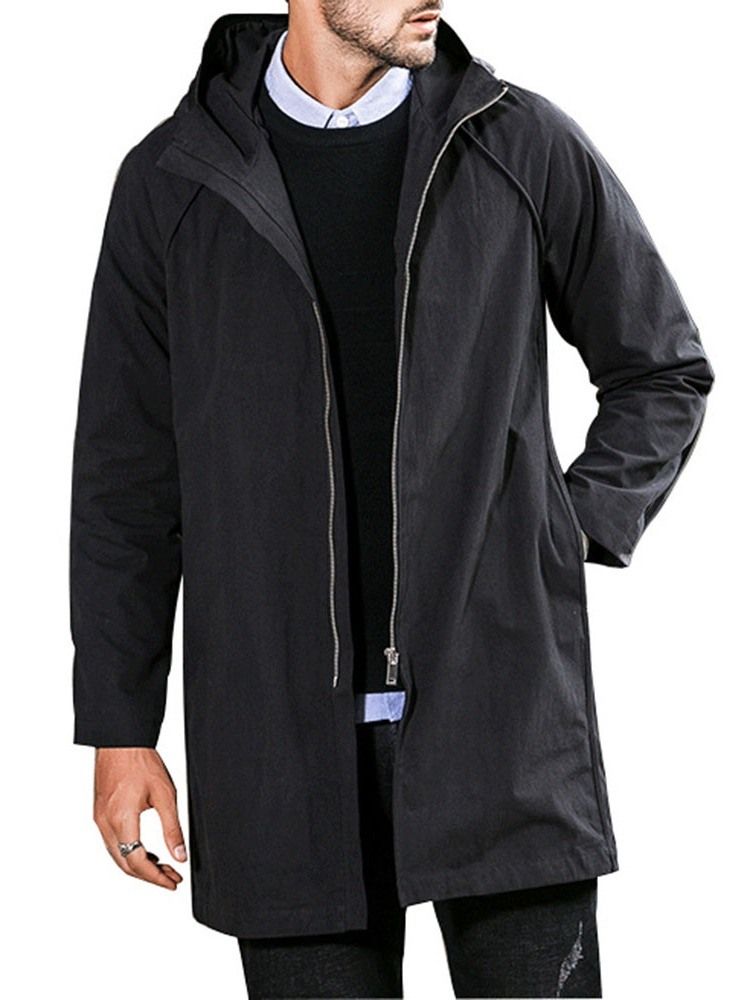 Plain Hooded Mid-length Casual Straight Men Trench Coat