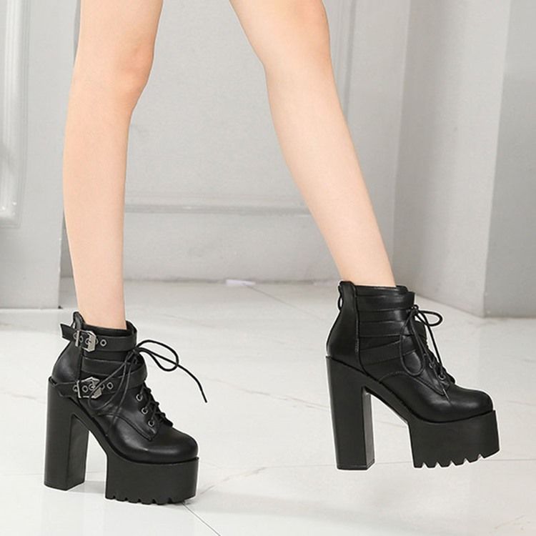 Back Zip Round Toe Platform Chunky Heel Cross Strap Damestøvler