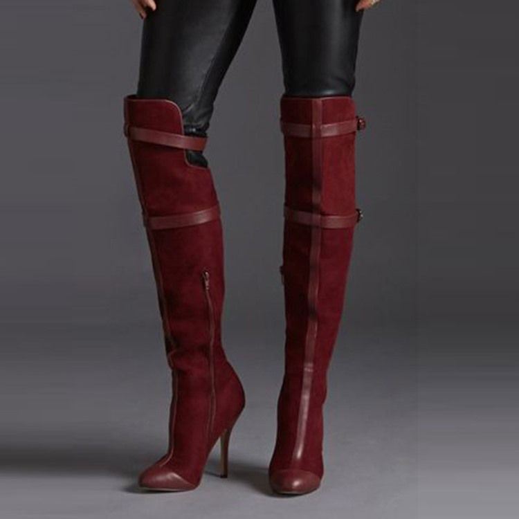 Burgundy Point Toe Thigh High Boots For Kvinner