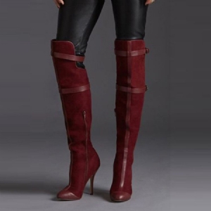 Burgundy Point Toe Thigh High Boots For Kvinner