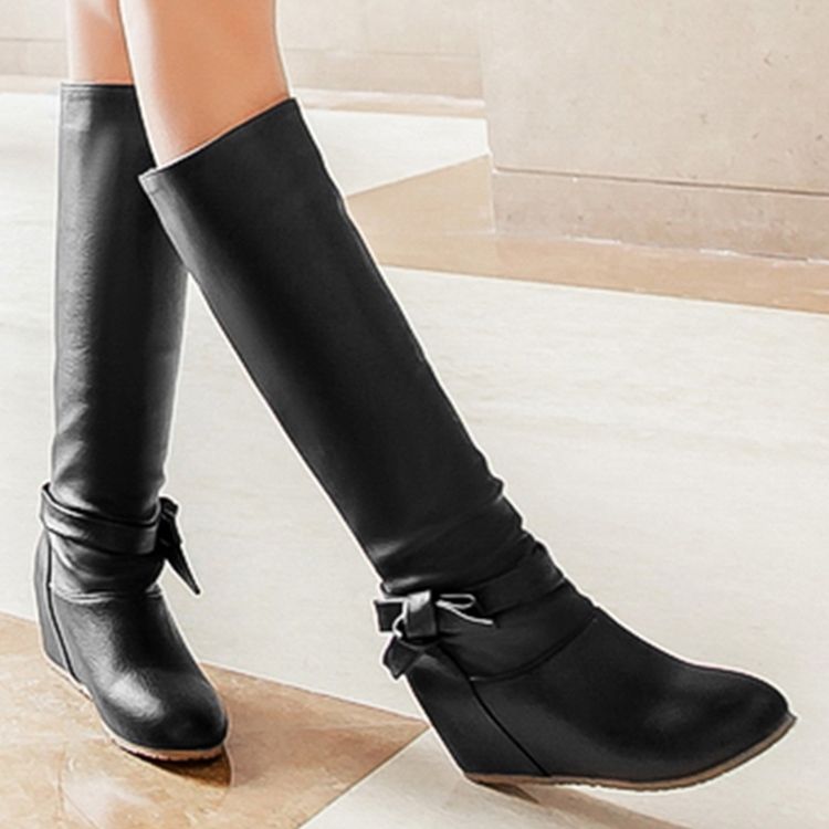 Dame Pu Bowknot Heel Heel Knie High Boots