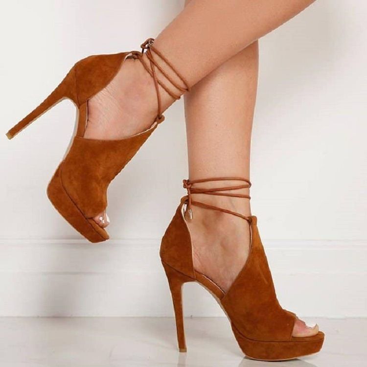 Dame Sandaler Med Lace-up Peep Toe Heel Platform