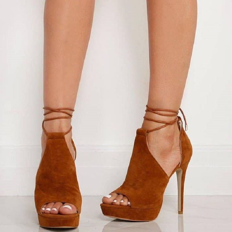 Dame Sandaler Med Lace-up Peep Toe Heel Platform