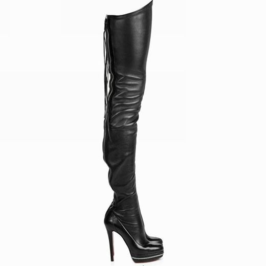 Damemote Svart Skinn Stiletto Hæler Knee Boots