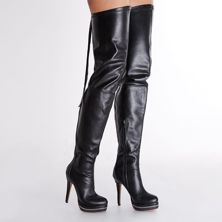 Damemote Svart Skinn Stiletto Hæler Knee Boots