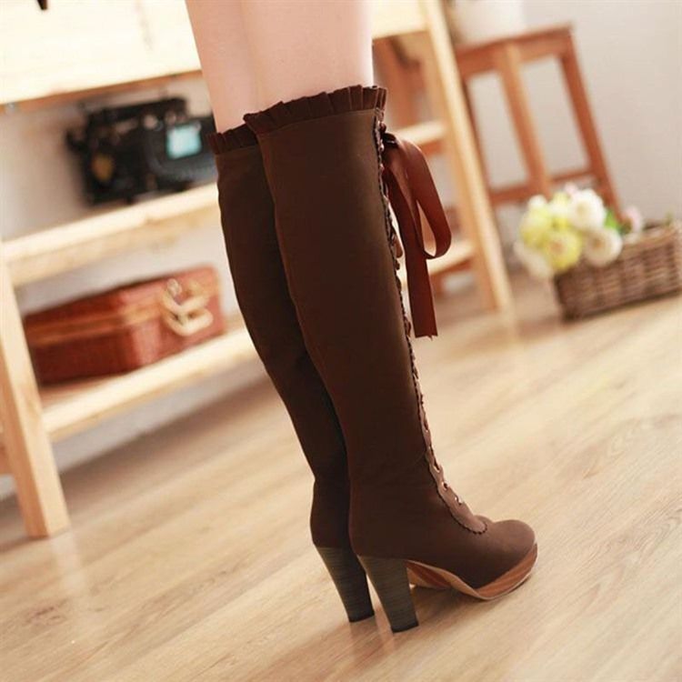 European European Lace-up Suede Knight Knee High Boots