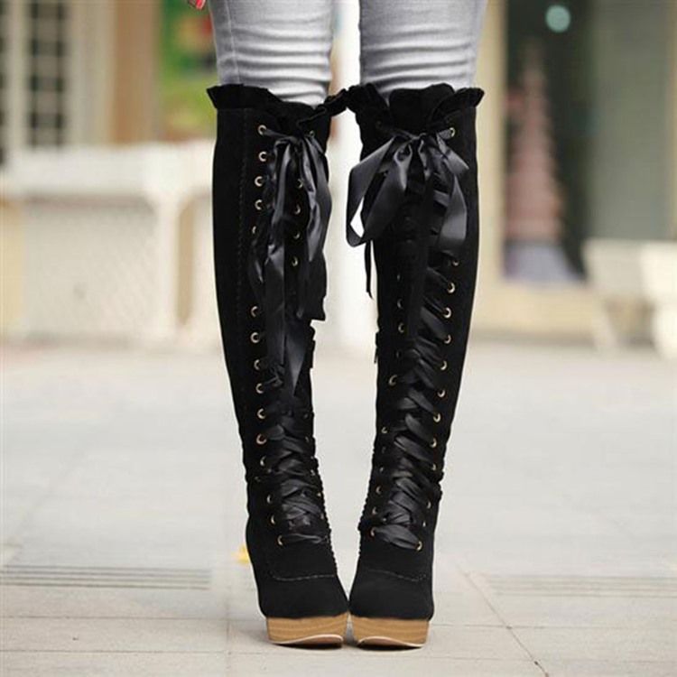 European European Lace-up Suede Knight Knee High Boots